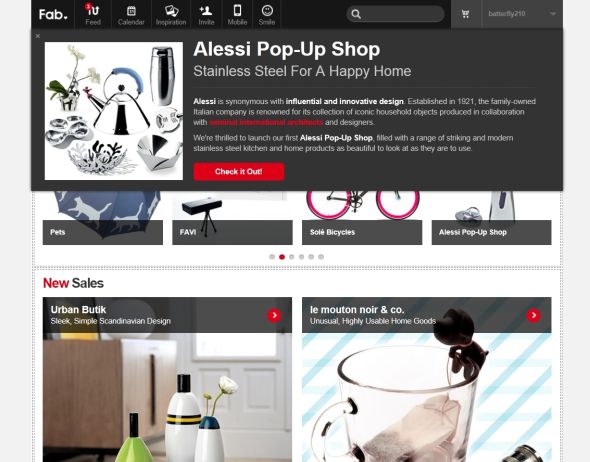 Fab登陆后首页，feed功能即时推送网站信息。