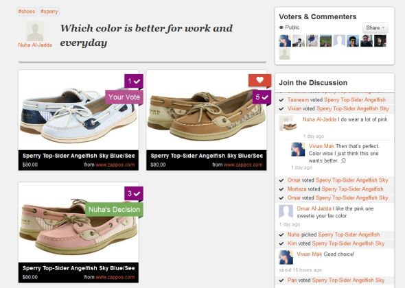 这位用户拿不准该买哪双鞋子，于是把这三双发到Maybe上，让网友们进行投票和评点