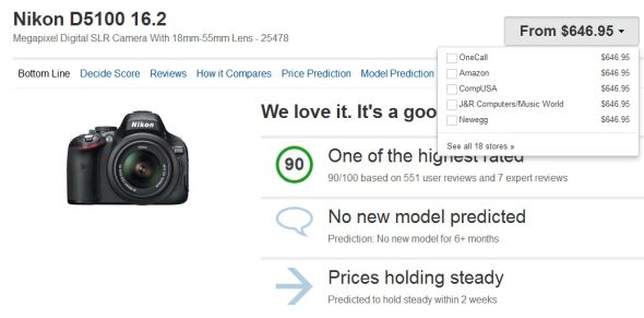 在Decide.com中，尼康D5100获得了90分，这意味着该网站认为这款产品值得购买