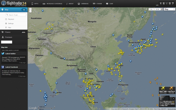借助谷歌地图与航空信息，Flightradar24能直观看到飞机位置