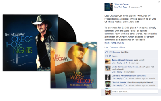 美国歌手蒂姆·麦格罗在Facebook上销售新专辑