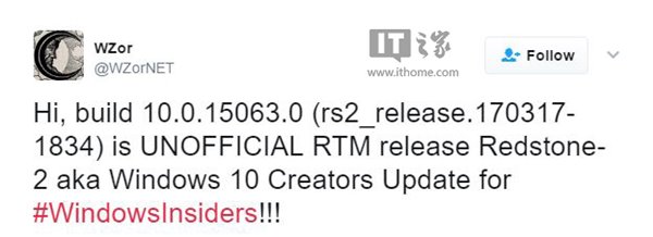 多方爆料：Win10创意者更新RTM正式版锁定15063