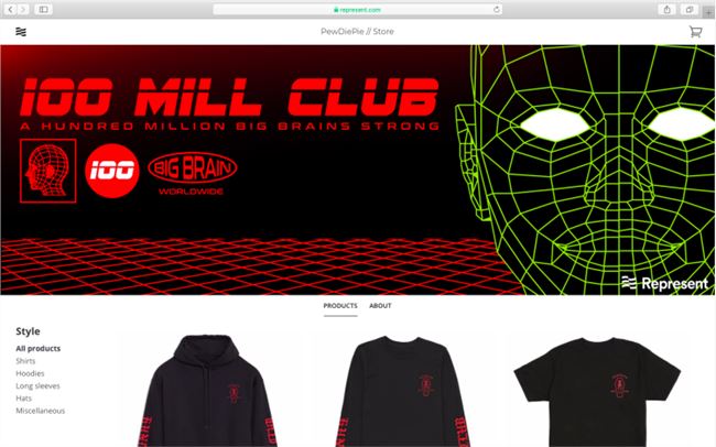 购物网站Represent上的PewDiePie主页